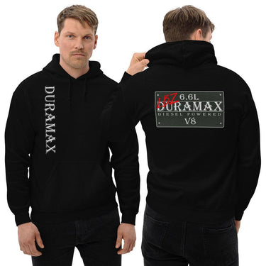 Man Wearing a LBZ Duramax Hoodie - Vintage Sign Design - Aggressive Thread - Color Black